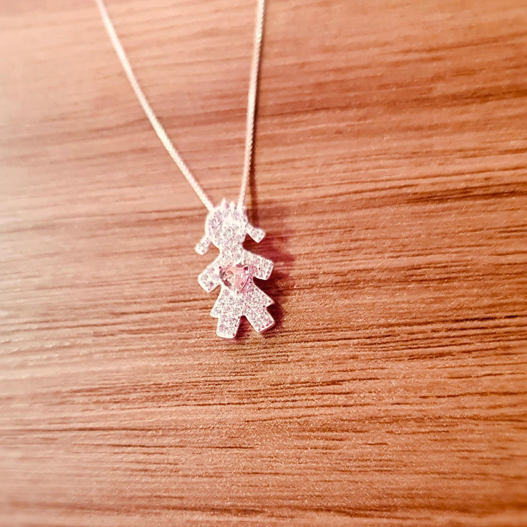 Corrente Menina na prata com pedra rosa zirconia